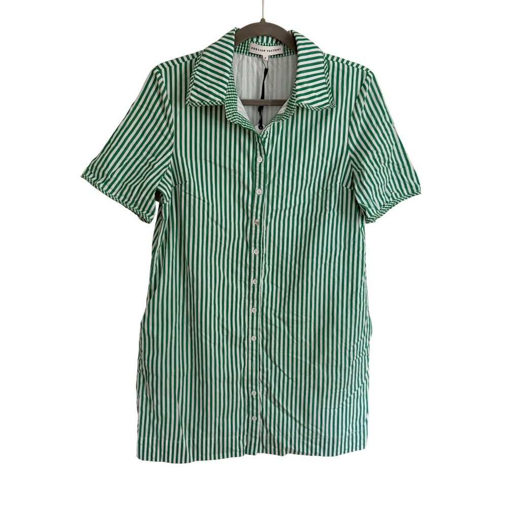 English Factory Green White Striped Button Down Mini Shirt Dress Preppy Small